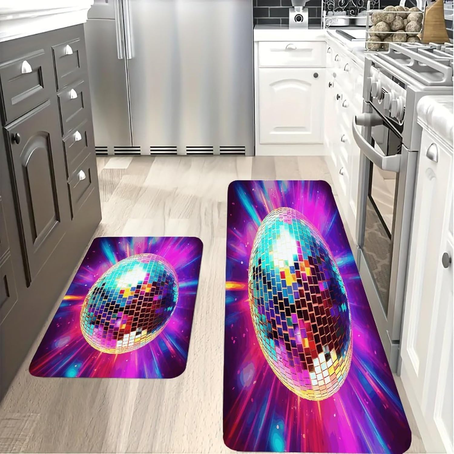 Space Disco Ball Kitchen Mat Kitchen Rug Set | Kitchen Rugs Flannel Velvety Washable breathable Water Absorbent Soft ，kitchen utensils for Kitchen, Floor,Laundry