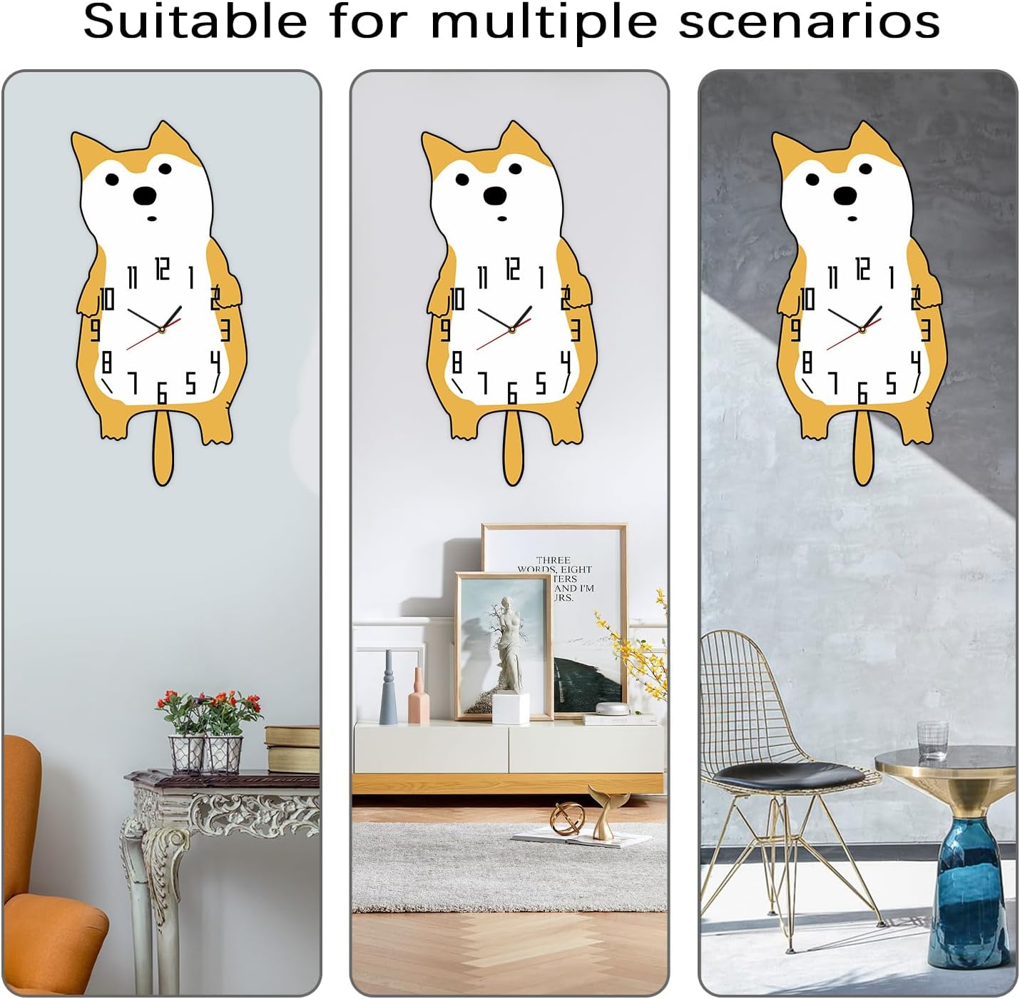 Doggy Dog Wall Clock with Pendulum, Creative DIY Cute Pendulum Wall Clock, Modern Decorative Silent Quartz Non Ticking Battery Operated Analog Dog Clock with Moving Tail for Dog Lovers Gift