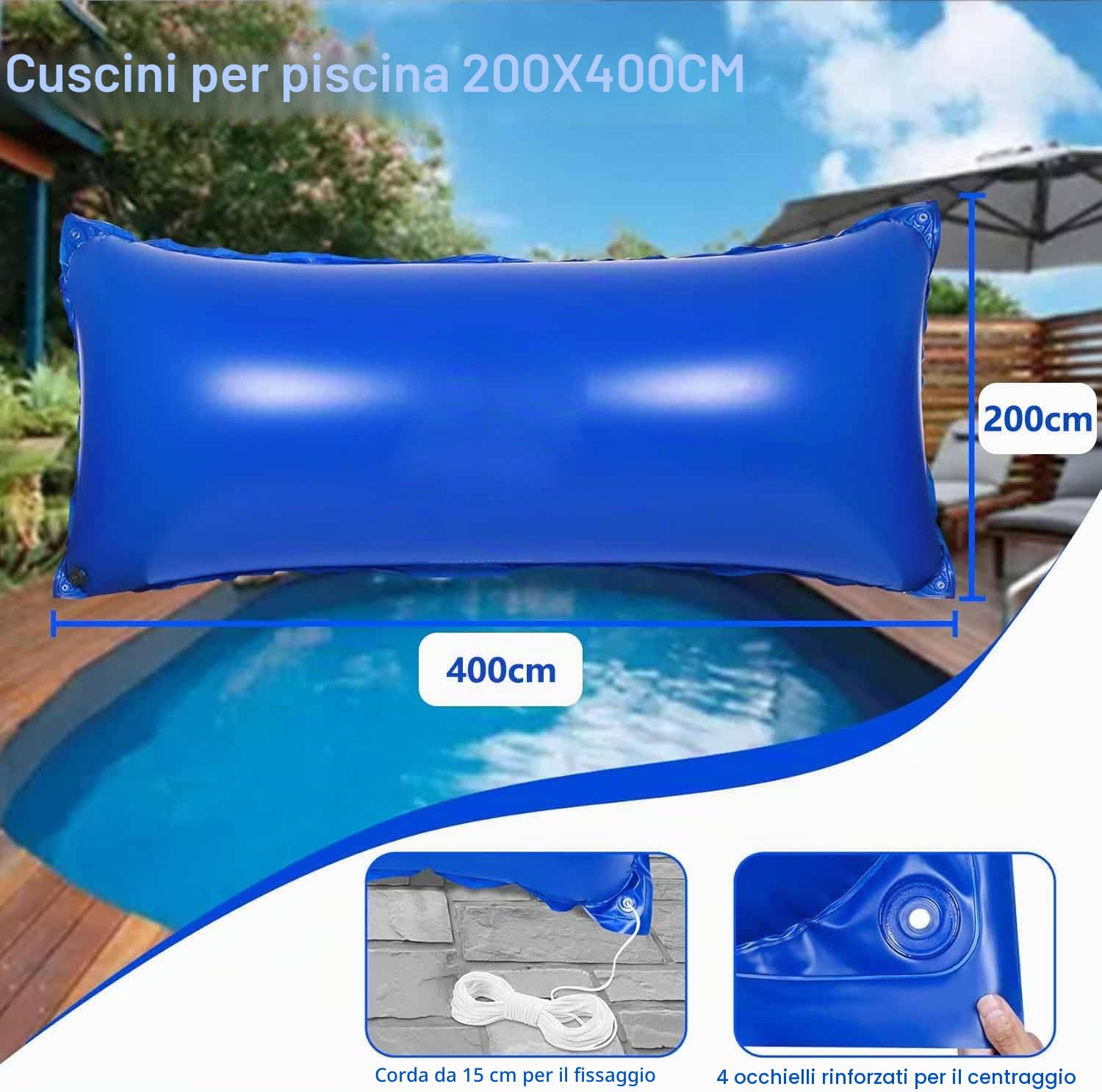 Panngu Cuscino per piscina 200 x 400 cm, cuscino d'aria per piscina invernale XXL, palloncino invernale con kit di riparazione per piscina invernale (2 x 4 m, blu)
