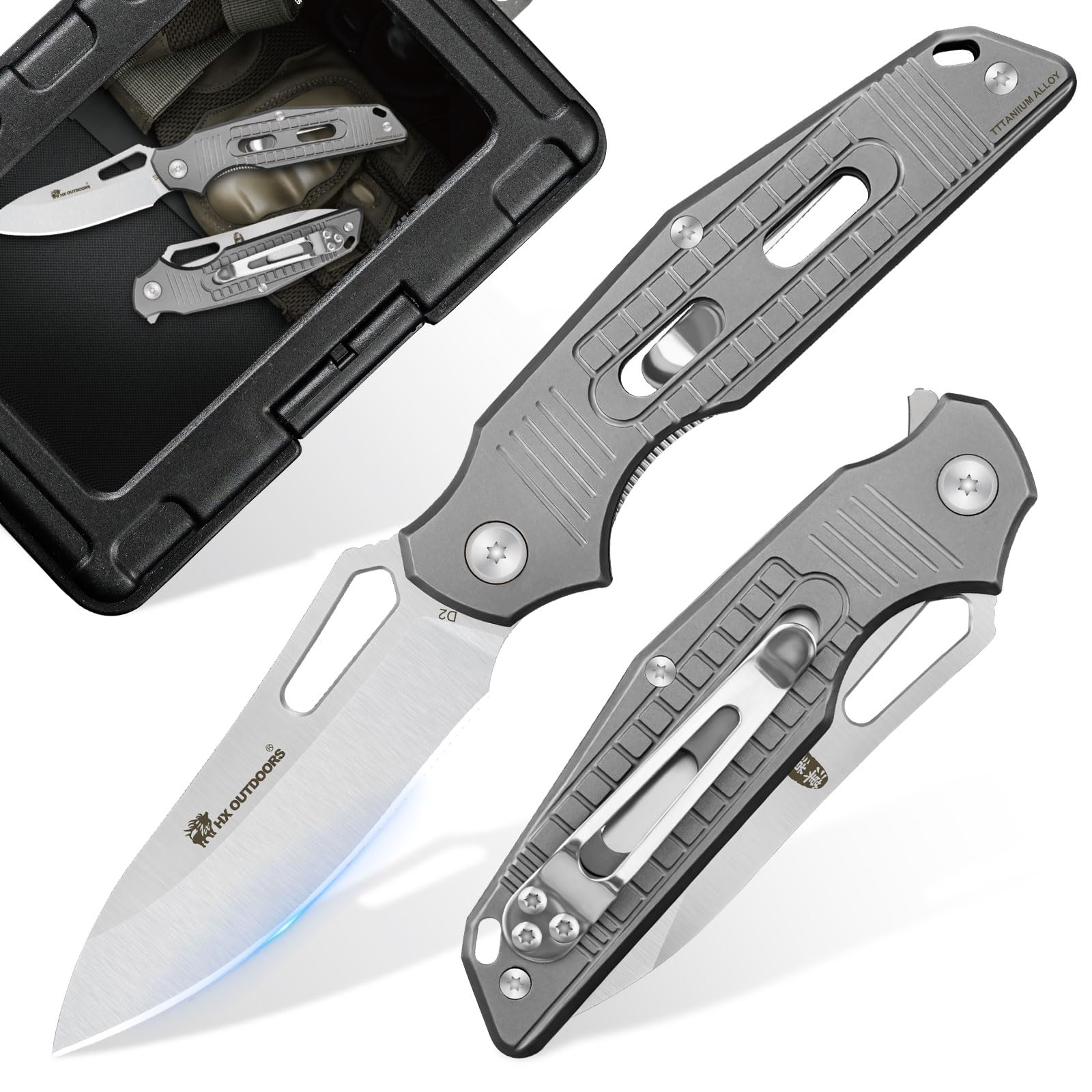 HX OUTDOORS Pocket Knife for Men, Folding Knife with Clip, D2 Steel Blade Titanium Handle, Sharp EDC Tactical Knife for Camping Hiking Survival Outdoor, Pocket Knives for Men Gift