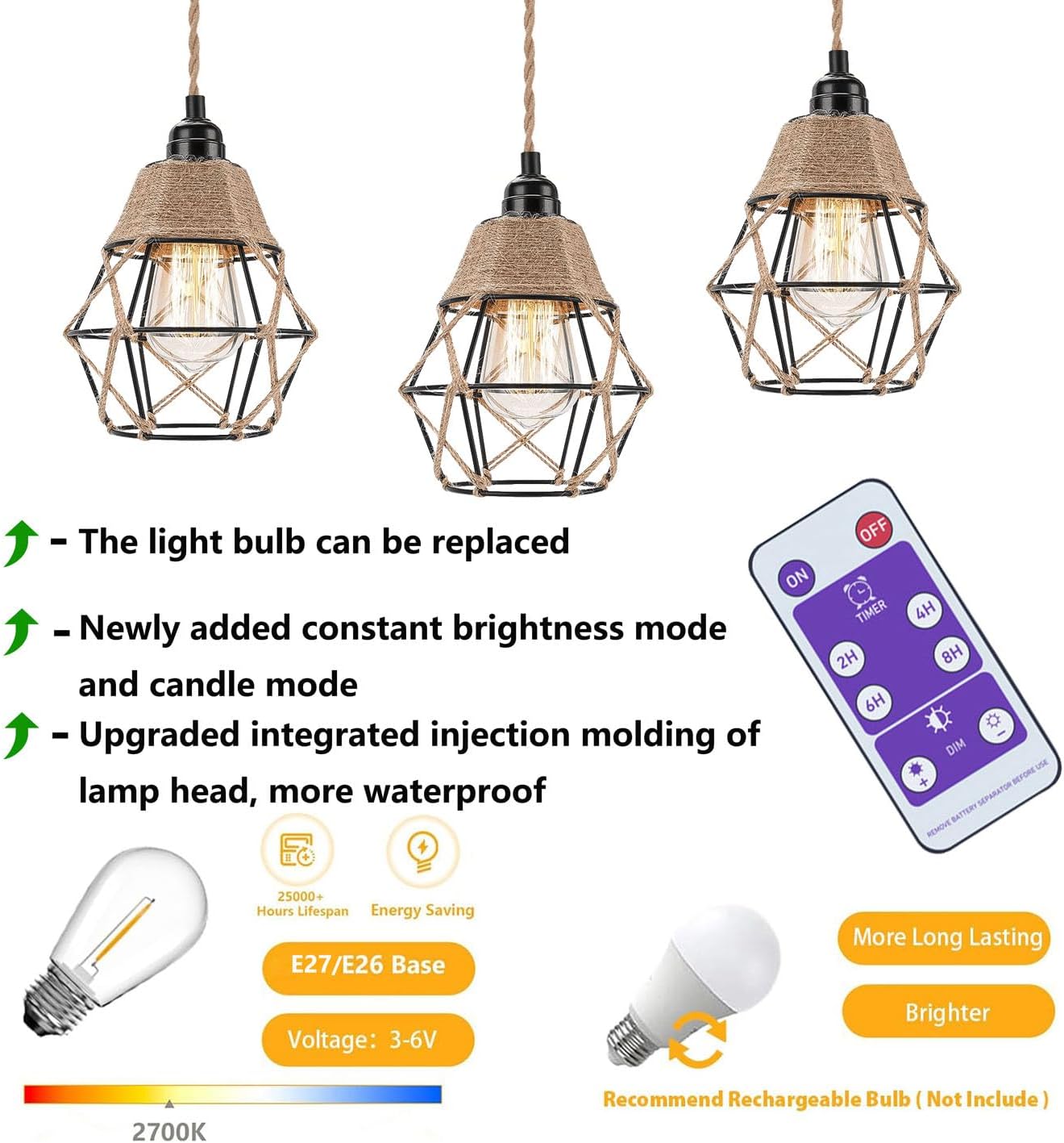 2X Battery Operated Pendant Lights Kitchen Island Chandelier for Outdoor Gazebo Hanging Lamp with Remote LED Bulbs Bohemian Decor for Plant Shelf Shelves Porch Bedroom Living Room Corner