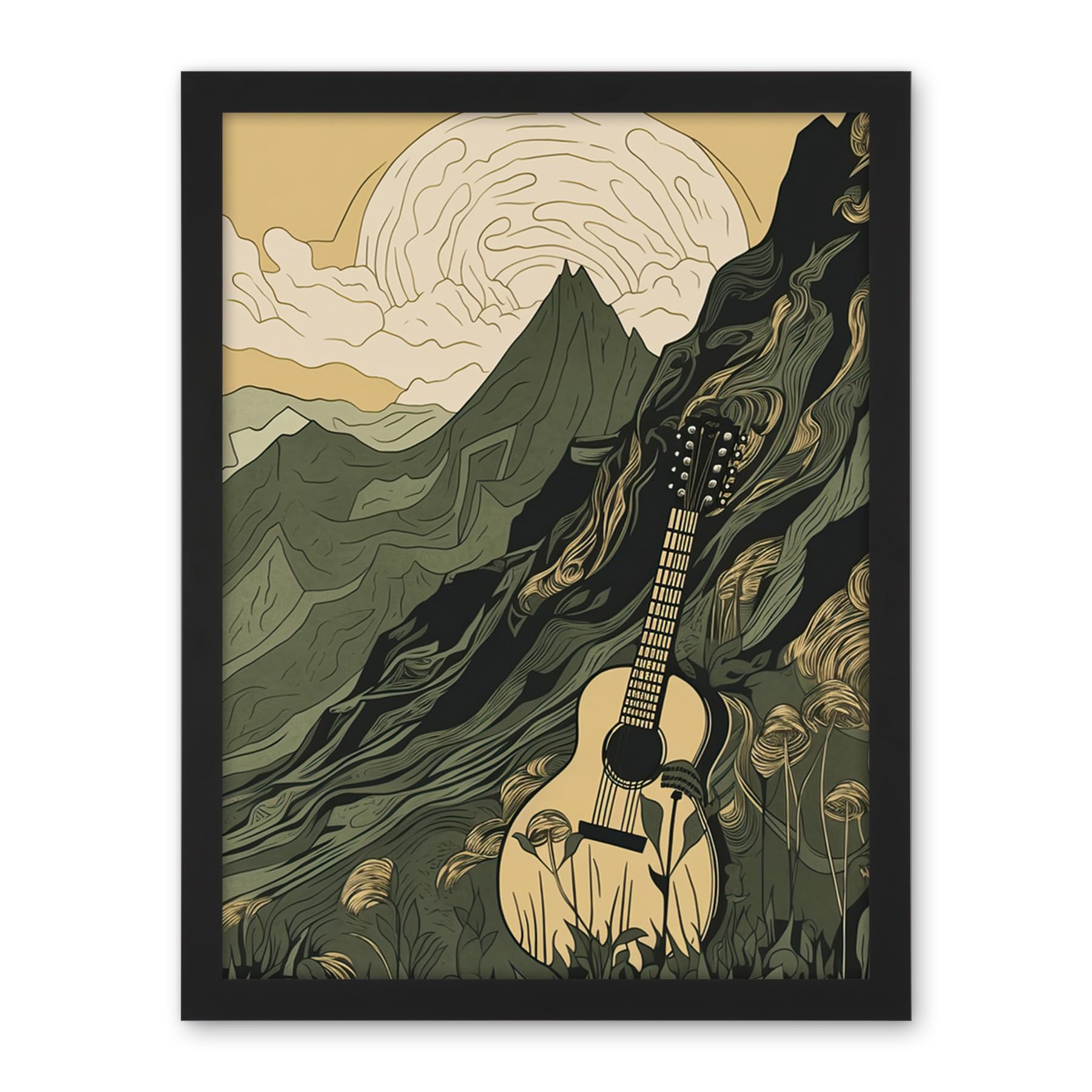 Artery8 Guitar on Mountain Landscape Morning at Campsite Artwork Framed Wall Art Print 18X24 Inch