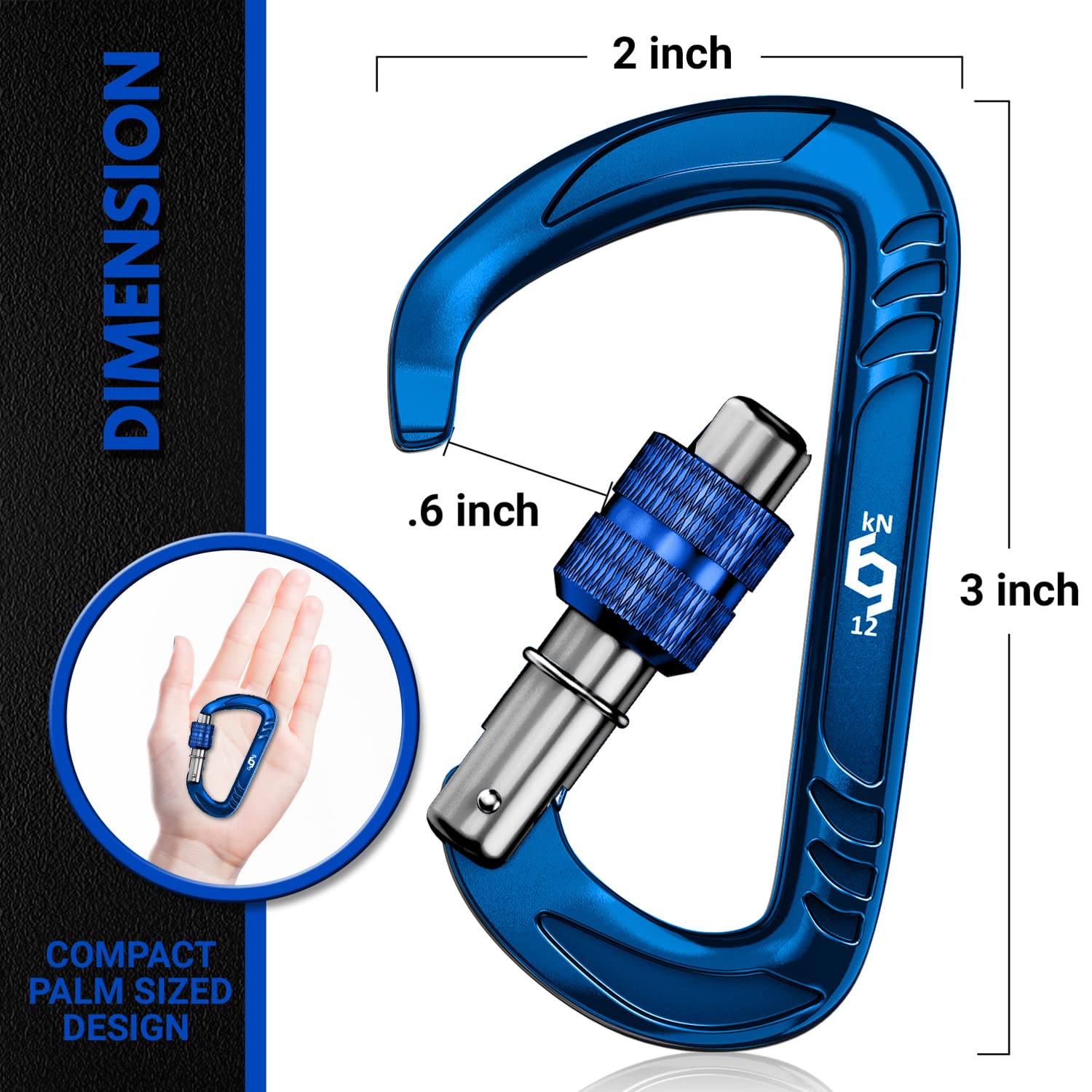 Rhino Produxs 12kN (2697 lbs) Heavy Duty Lightweight Locking Carabiner Clips with keyrings - Excellent for Securing Pets, Outdoor, Camping, Hiking, Hammock, Dog Leash Harness, Keychains, Water Bottle - Image 2