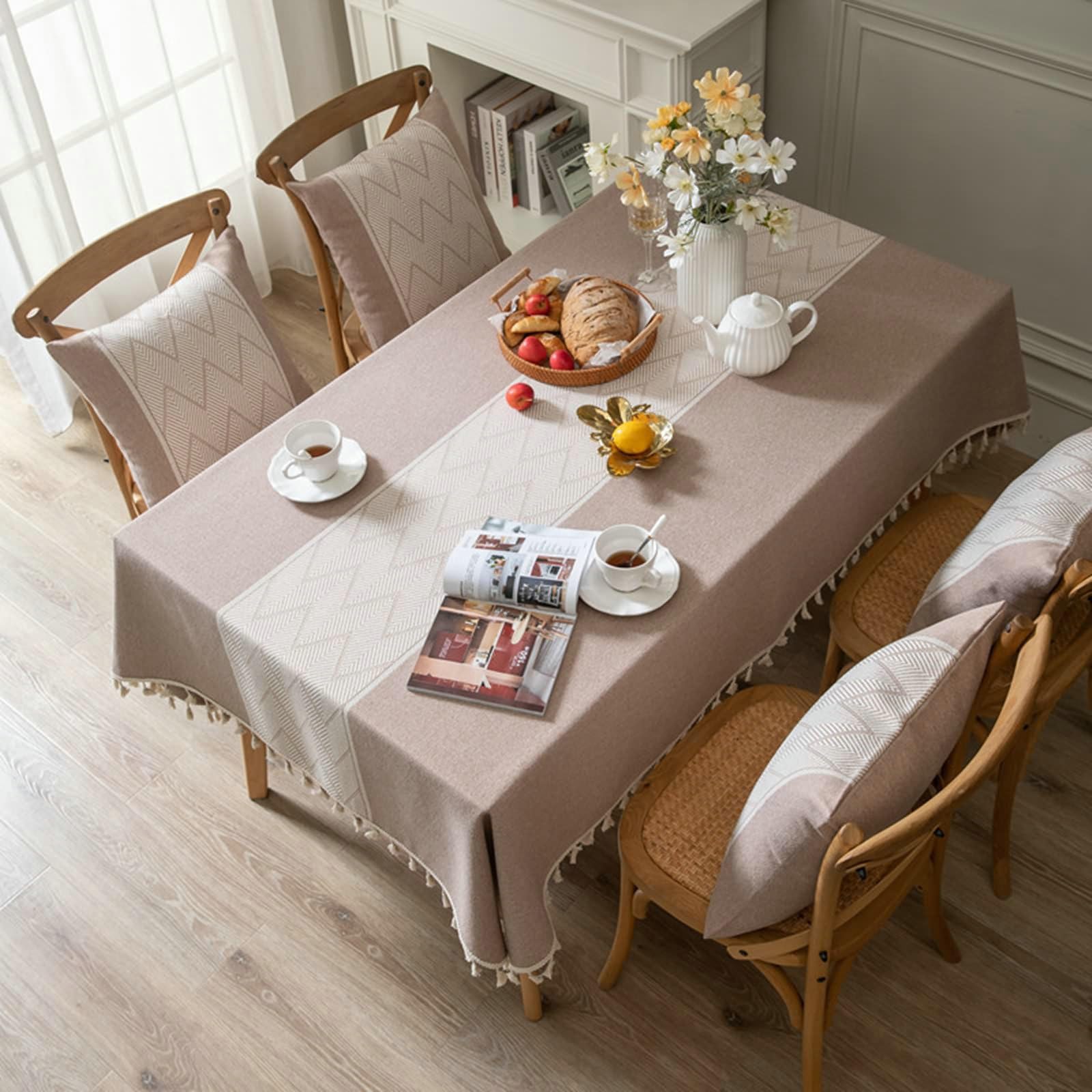 Gualiy Manteles Tela Mesa Rectangular, Poliéster Algodón Mantel Comedor 140x220CM Manteles Mesa Antimanchas Rayas Onduladas con Borlas Mantel para Mesa Cocina, Caqui