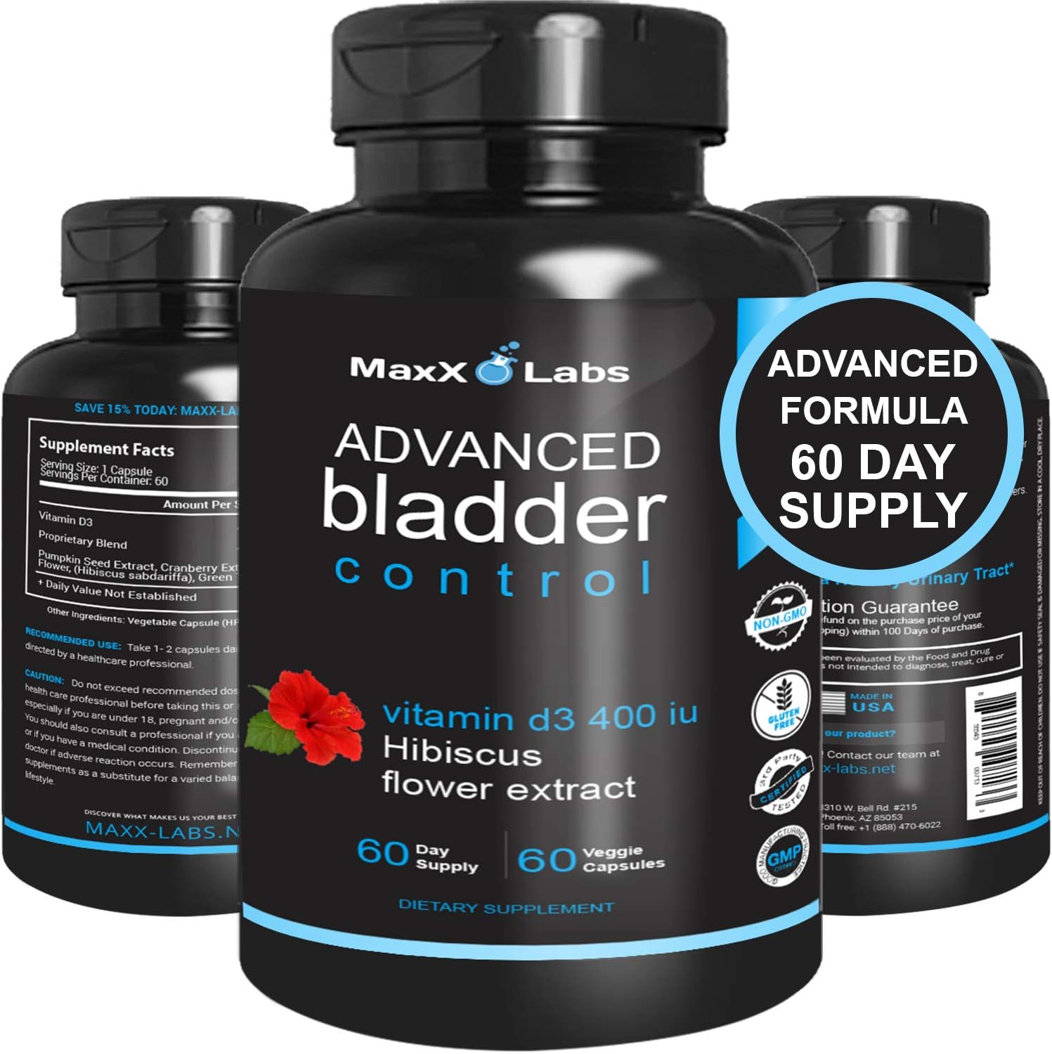 Advanced Bladder Control and UTI - New - Potent Blend of Cranberry Extract, Pumpkin Seed Extract, Hibiscus Flower, Vitamin D3, and Green Tea Extract - Useful for Urinary Tract Infection - 60 Caps