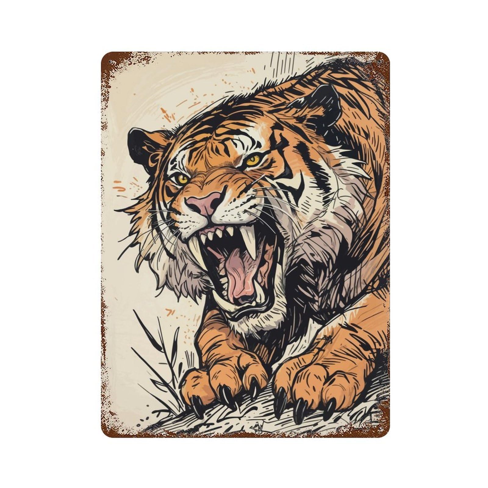 Roaring Sabertooth Tiger Illustration Vintage Wall Sign 15.7"x11.8", Rust Effect Metal Decor for Cafe, Home Bar And Lounge Decor