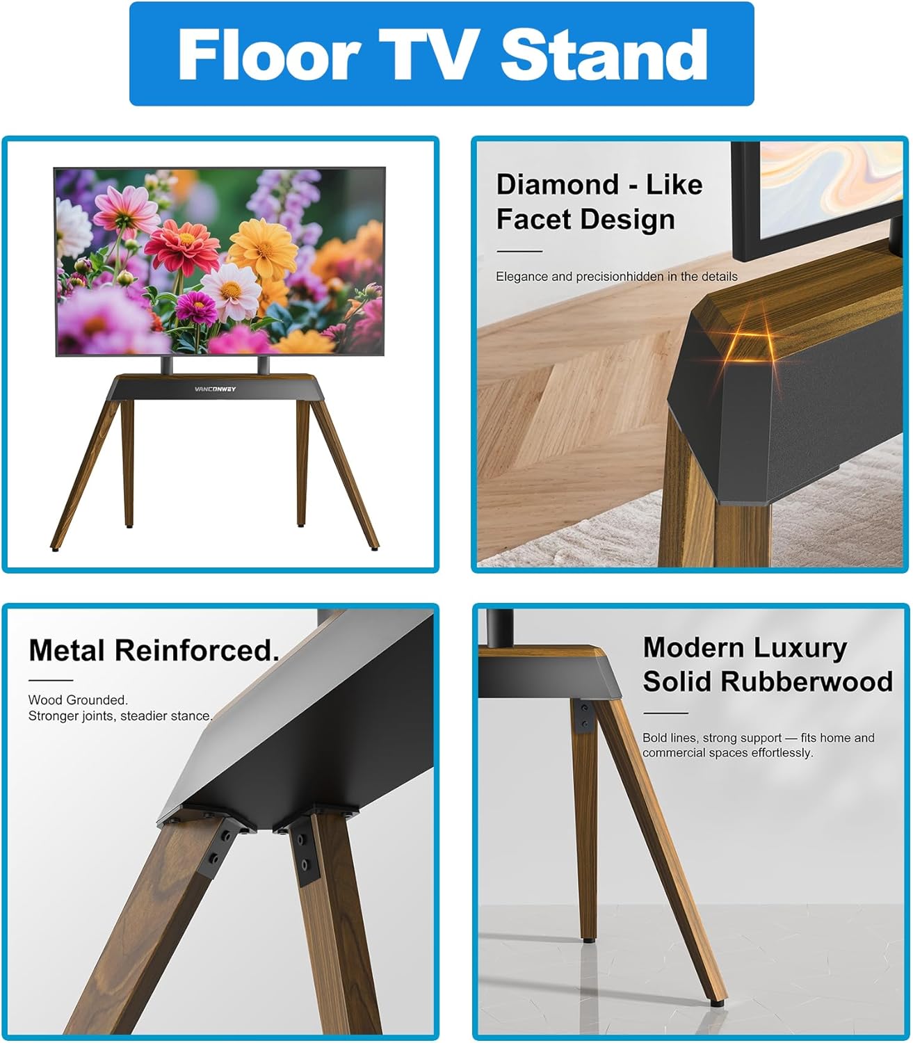 Floor TV Stand for 40 43 50 55 65 75 85 86 Inch LED LCD Screens,Modern TV Stand Wood Iron Furniture，Holds up to 110Lbs,Max VESA 600x400mm,Walnut (VC-Z1818)