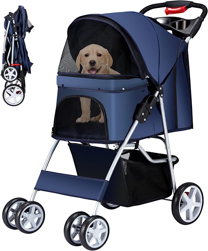 Carrinho dobrável para gatos e pequenos animais com 4 rodas, tela respirável e cesto, Azaeahom – Azul