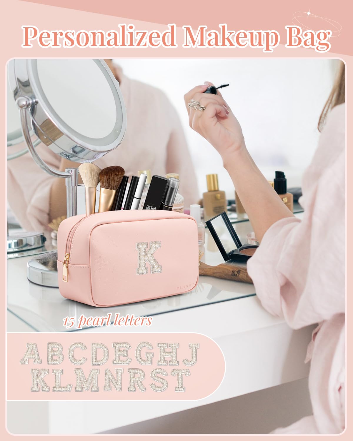 VLANDO Cosmetic Bag Travel with Pearl Monogram Patch,Pink K image 2