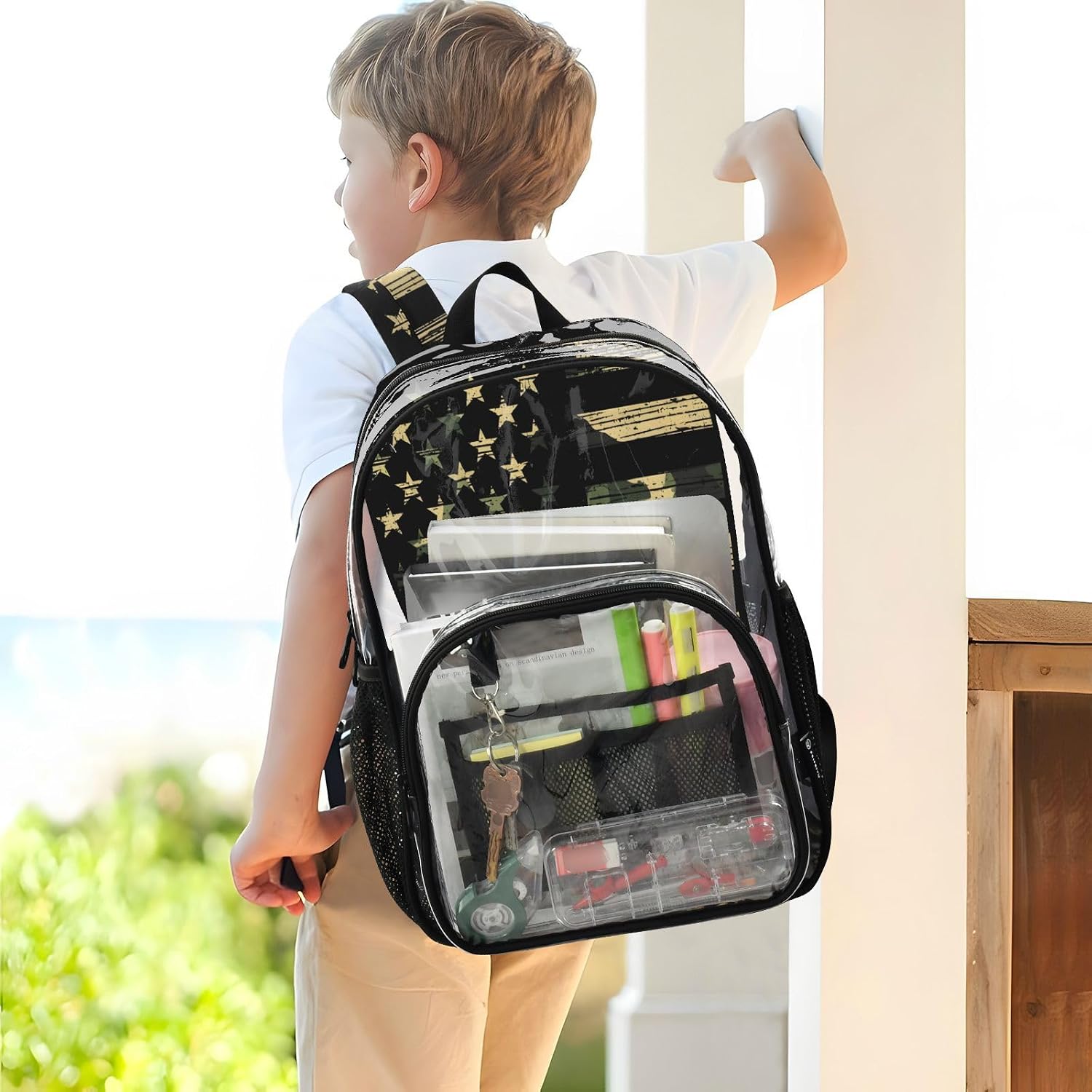 panksolu American Flag Green Camo Camouflage Clear Backpack Women Men PVC Transparent Backpacks Heavy Duty See Clear Through School Bookbag Travel Bag Daypack for Kids,Boys,Girls,School