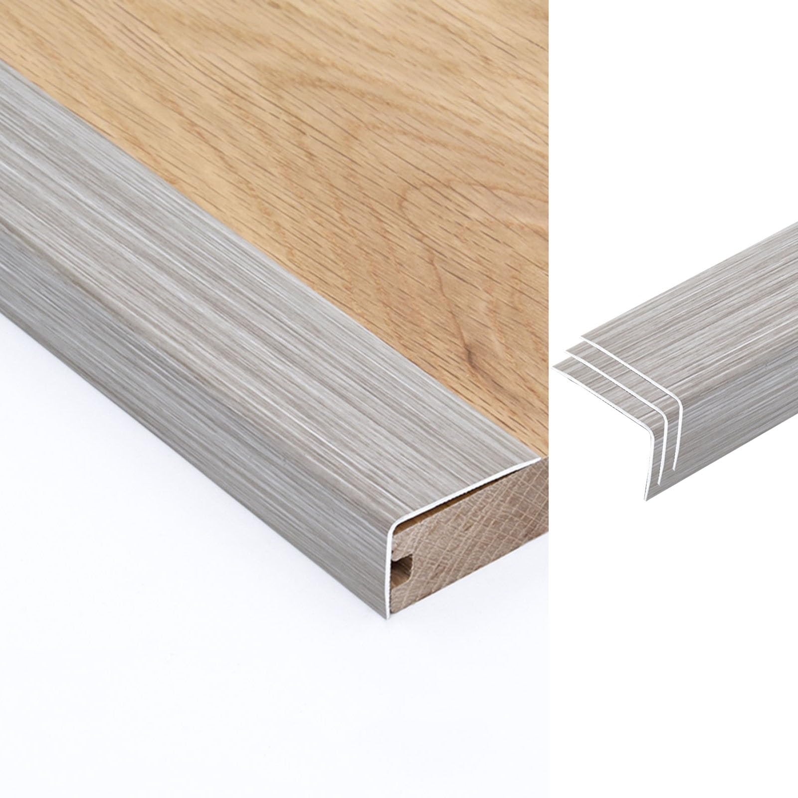 Profilo in Metallo per gradini con Moquette, Protezione per gradini a Forma di L da 48" con Finitura Effetto Legno, Resistenti Cappucci in Laminato Grigio per la Sicurezza delle Scale