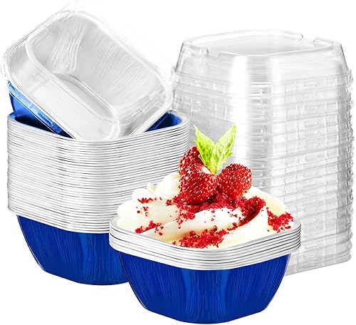 EUSOAR Tazas de papel de aluminio para hornear con tapas, 50 moldes desechables de 8 onzas con tapas, tazas para magdalenas para hornear, moldes