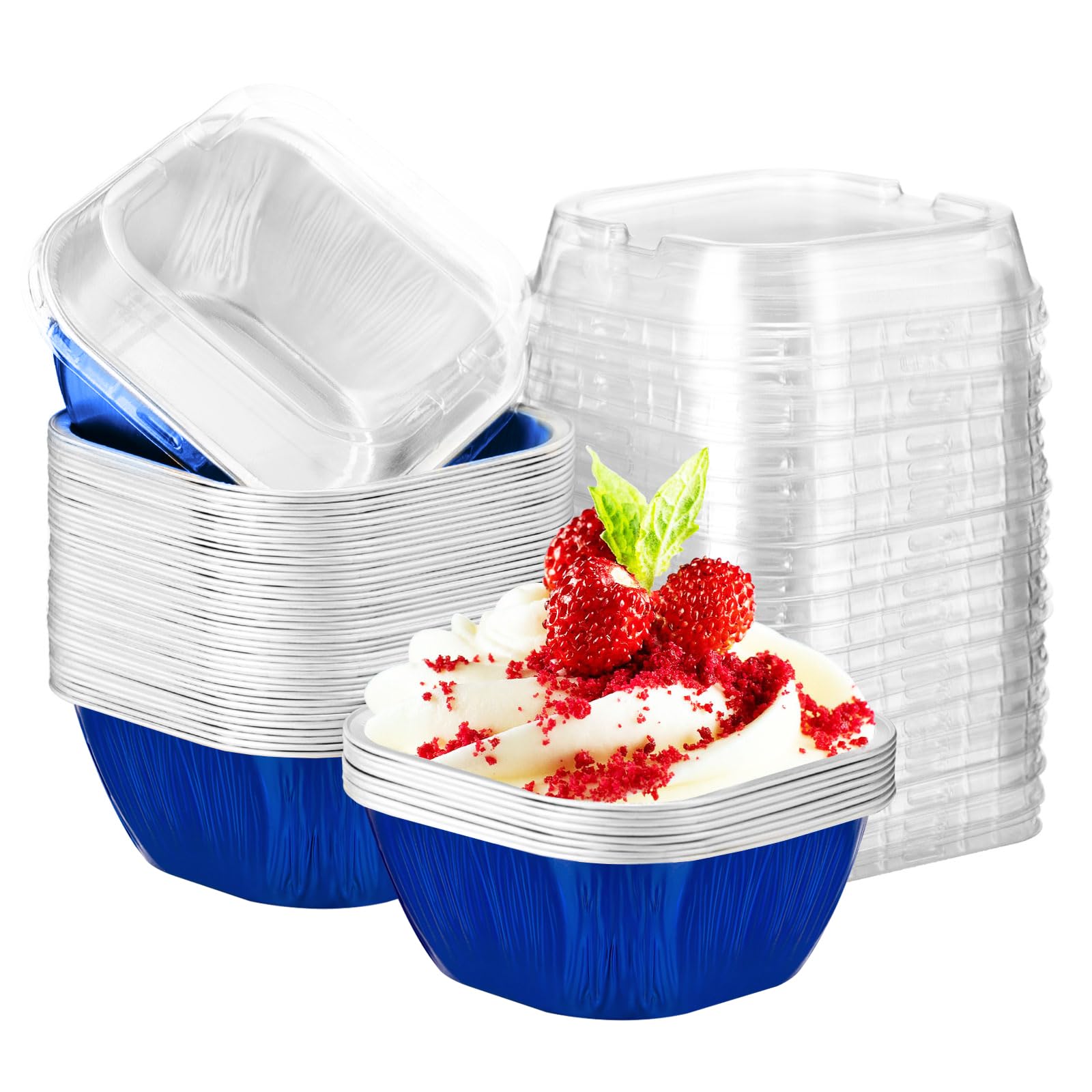 EUSOAR Aluminum Foil Baking Cups with Lids, 8oz 50pcs Disposable Ramekins with Lids, Muffin Cups for Baking, Square Cupcake Pans, Mini Cake loaf Bread Containers Pans for Party Favor Birthday