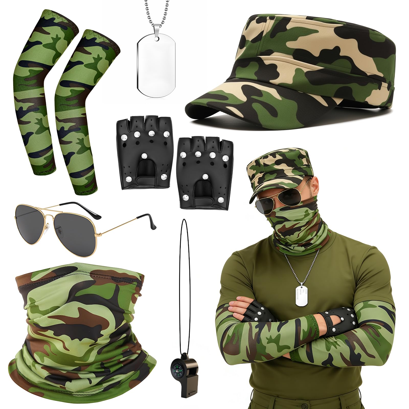 Athora 7Pcs Army Fancy Dress Accessories Set for Adults Military Costume Accessories with Camouflage Hat, Tactical Gloves