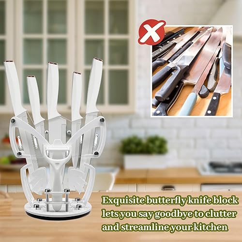 Miniatura 4 de Retrosohoo - Juego de cuchillos de cocina para mujer, 7 piezas afilados de acero inoxidable blanco con bonito bloque de cuchillos para cocina, juego