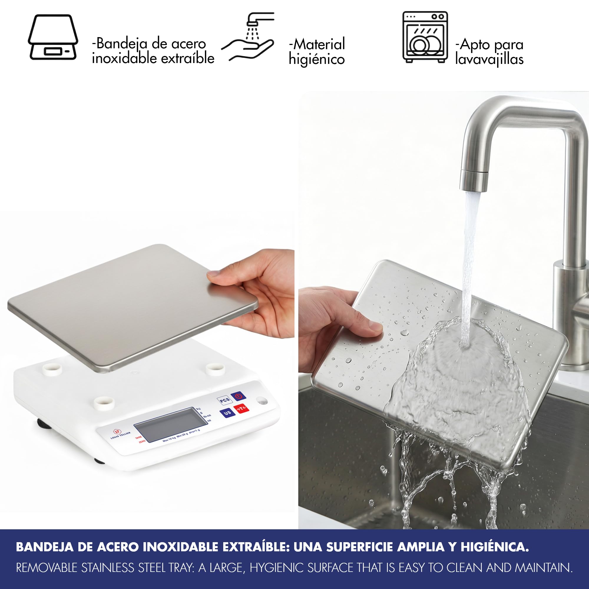LOUIS TELLIER - Balanza Electrónica Profesional – 10 kg - IP53 - Precisión 1 g - Bandeja Extraíble de Acero Inoxidable - Cocina - Panadería – 22 x 16,5 cm