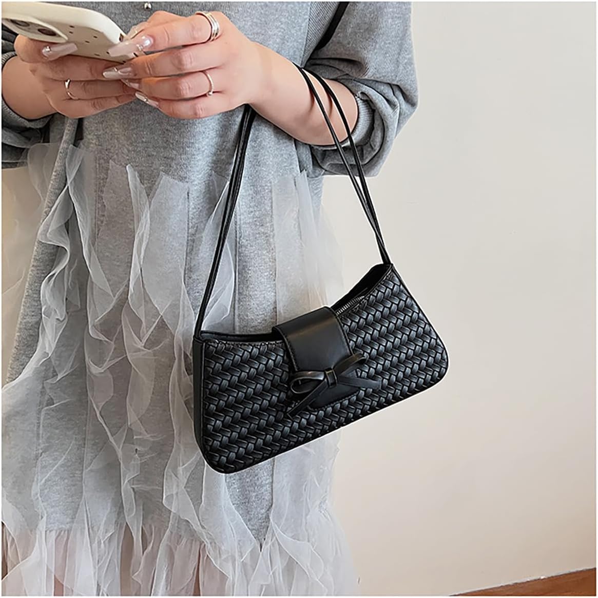 Woven Shoulder Bag for Women PU Leather Hobo Handbag with Bow, Y2K Underarm Purse Textured Clutch for Daily, Work, Travel - Image 5