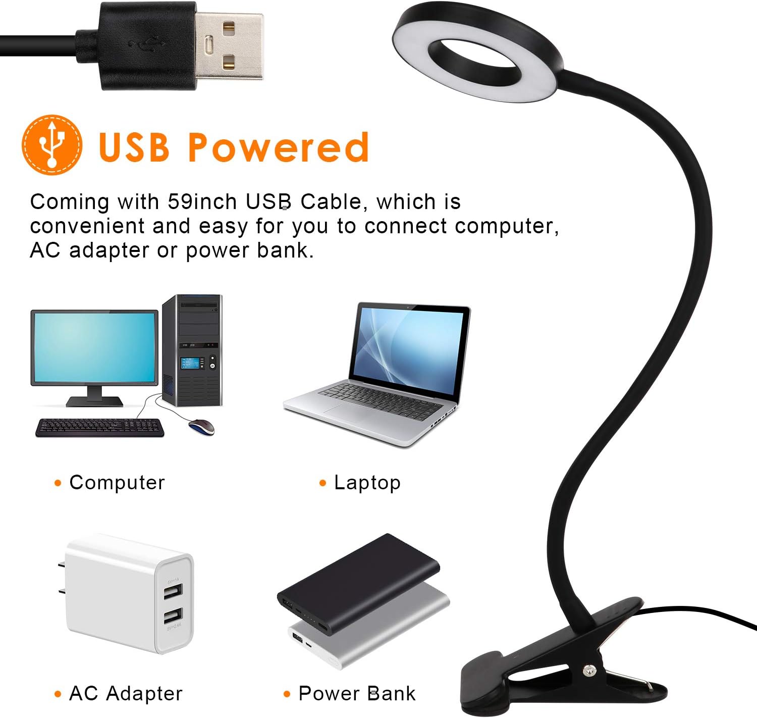 Clip On Light Reading Light Lamp,48 LED Dimmable Gooseneck Clamp Desk Light Lamp,3 Light Color Clip On Ring Light for Books in Bed Headboard Computer Laptop Webcam Zoom(Black)