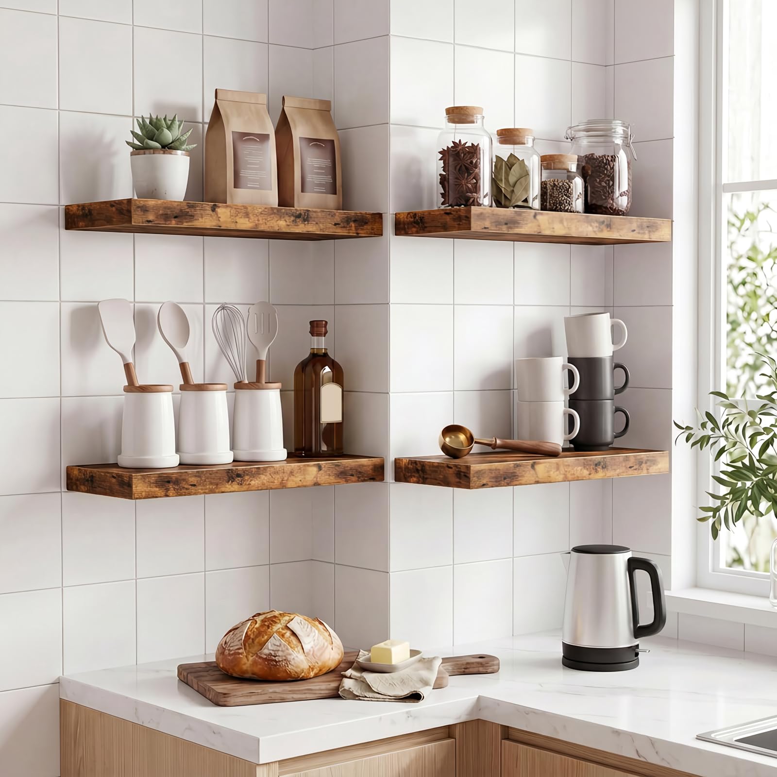 Fixwal Estantes flotantes de 15.8 pulgadas, juego de 4 estantes de pared con acabado de madera rústica para decoración de pared, con soportes invisibles para baño, sala de estar, dormitorio y cocina