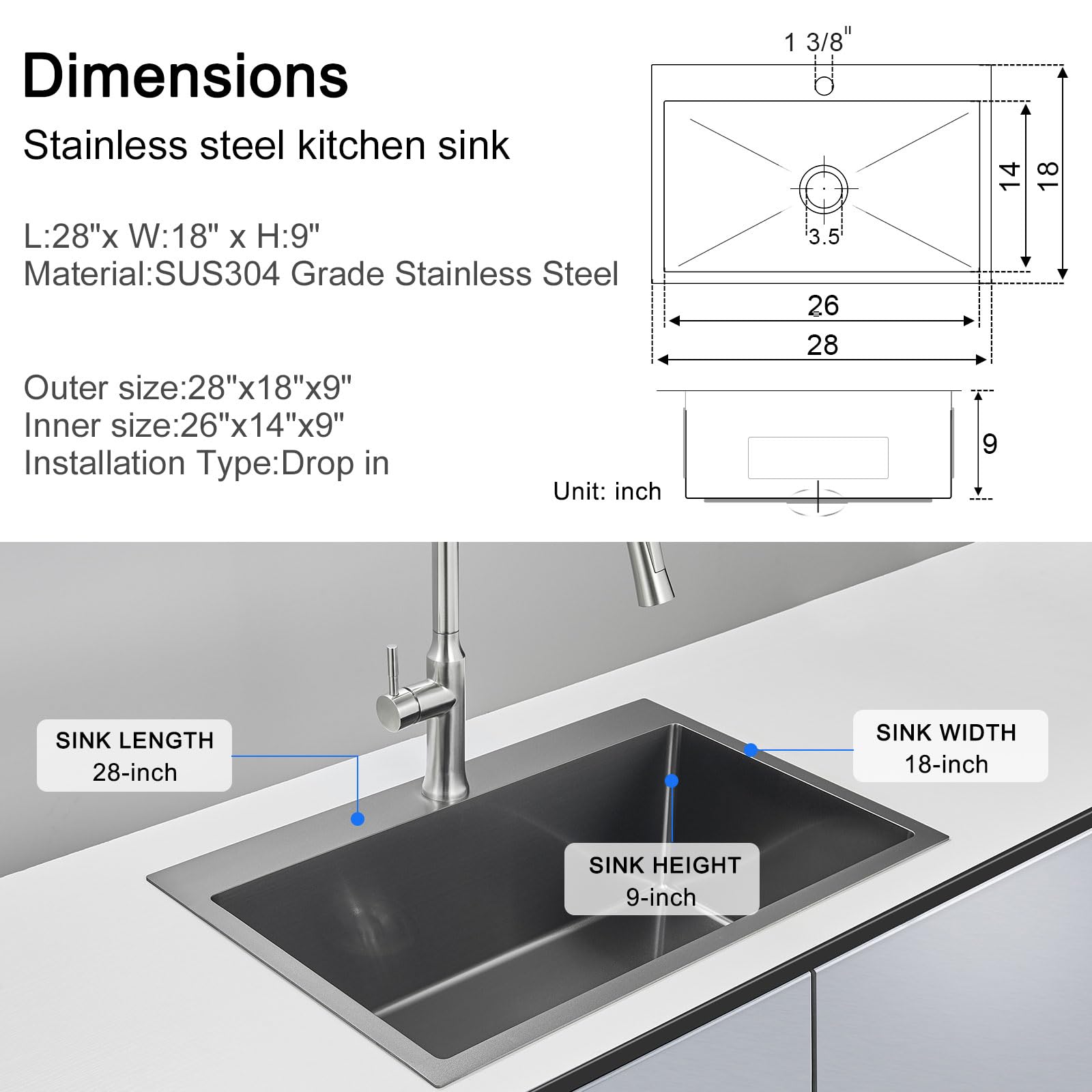 Amazon.co.jp: MENATT 28インチ ドロップインキッチンシンク、SUS304