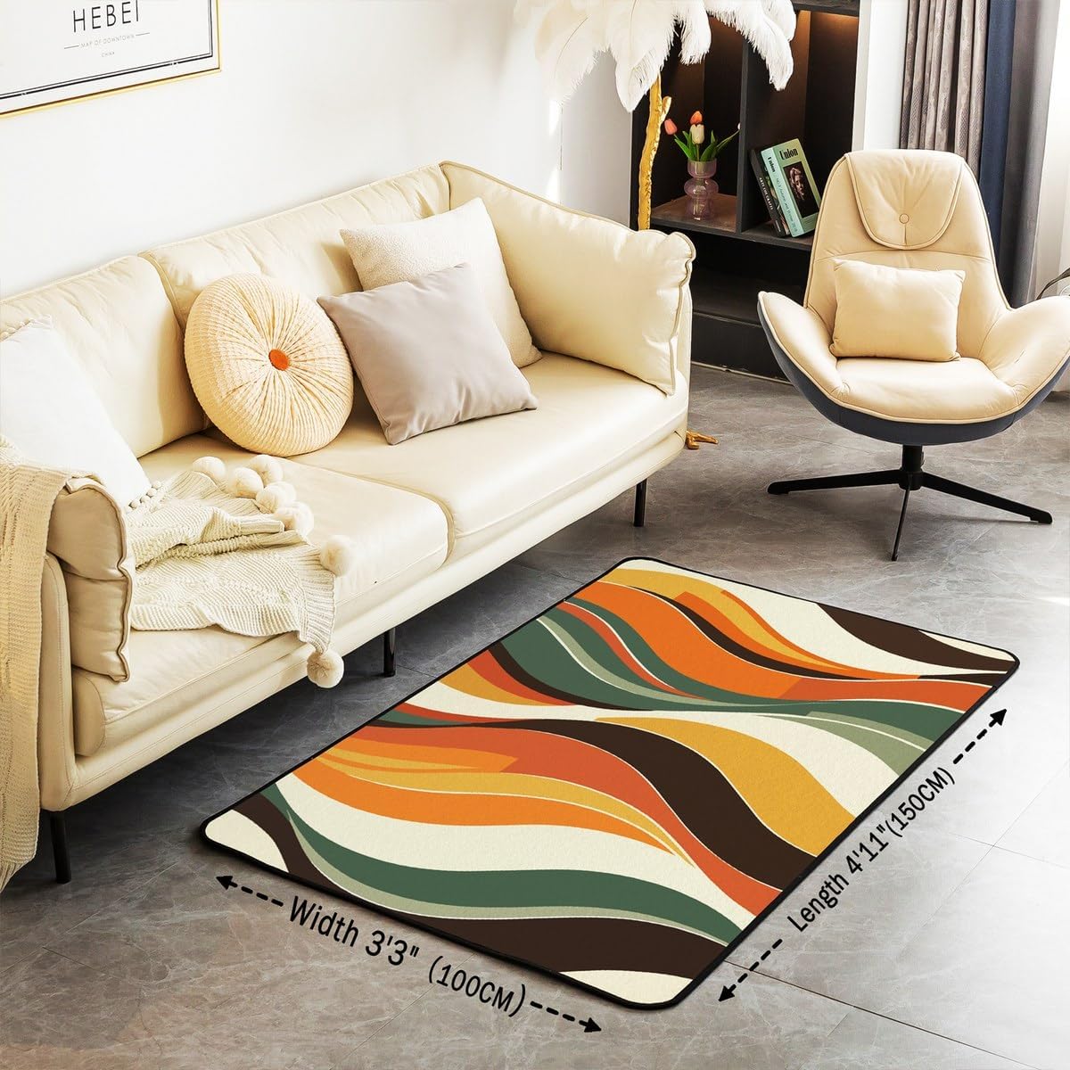 Colorful Stripes Area Rug 3D Abstract Orange Green Brown Lines Non Slip Rug for Kids Teens Adults Modern Simple Geometric Spiral Non Shedding Rug for Party Chairs 150cm X 200cm X 1cm