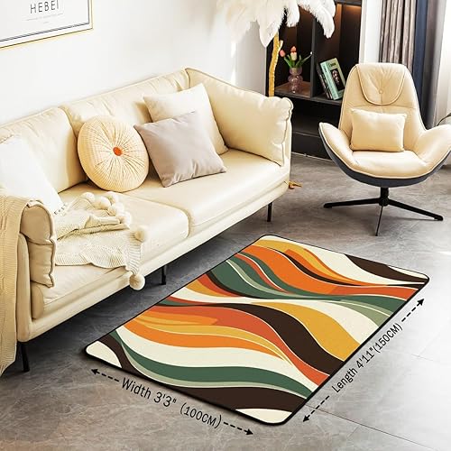 Miniatura 3 de Alfombra de área de rayas coloridas 3D abstracta naranja verde marrón líneas antideslizante para niños, adolescentes y adultos, moderna alfombra