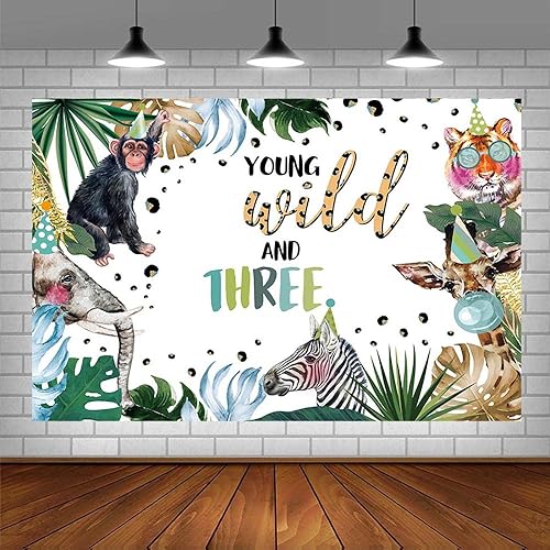 Miniatura 3 de Telón de fondo de vinilo para cumpleaños, 7 x 5 pies, azul, jóvenes salvajes y tres animales de la selva safari, para decoraciones de fiestas y