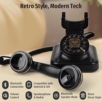 Bluetooth Retro Phone with Speakerphone, Bluetooth Landline Telephone, Bluetooth Home Phone with USB Rechargeable Power, Hands-Free Calling & Music Playback, Black
