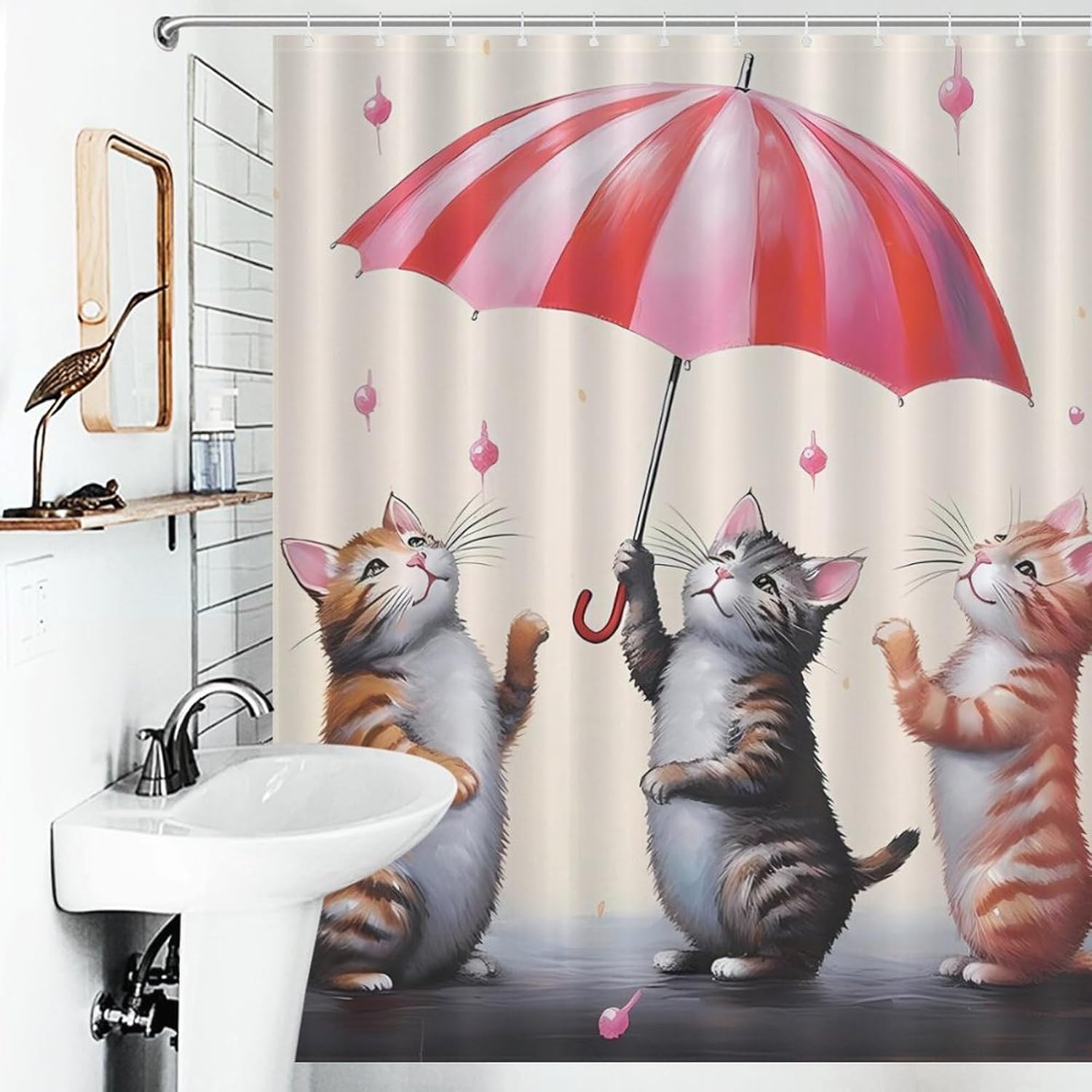 Cute Cats Dancing with Umbrella Funny Shower Curtains Washable Bath Curtain Liner with Hooks for Bathroom Bath Tubs