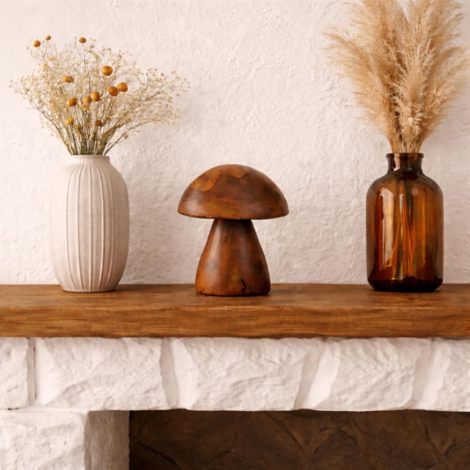 Handmade Teak Wood Mushroom Decor Statue, Rustic Wooden Sculpture Accent for Living Room, Boho Tabletop Figurine, Natural Solid Wood Home Decoration for Indoor
