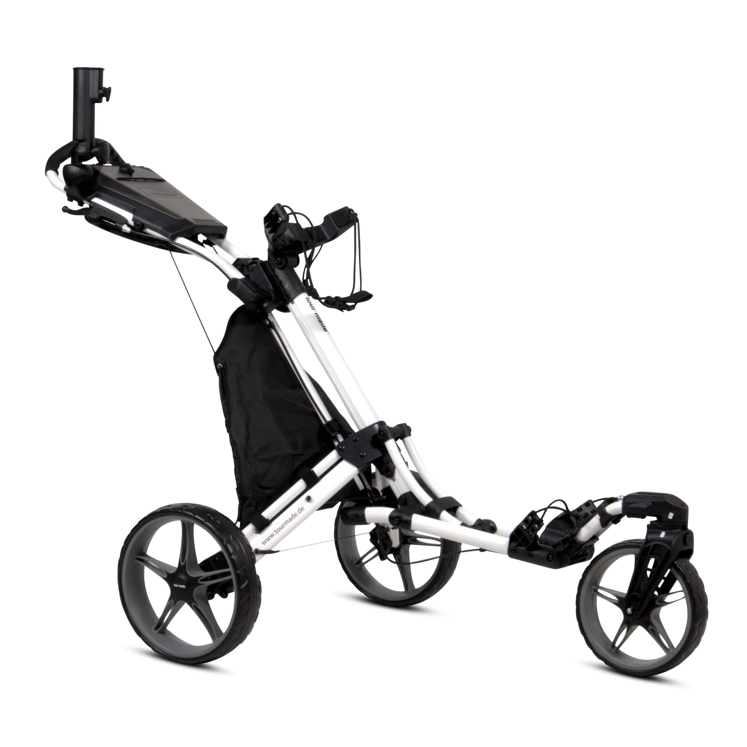 tour-made RT-140 & RT-150 & RT-160 I Push Golf Trolley Foldable 3 Wheels I Load up to 25 kg - Strong Aluminium Frame I German Quality I Many Accessories Included (150-WHITE-GREY)