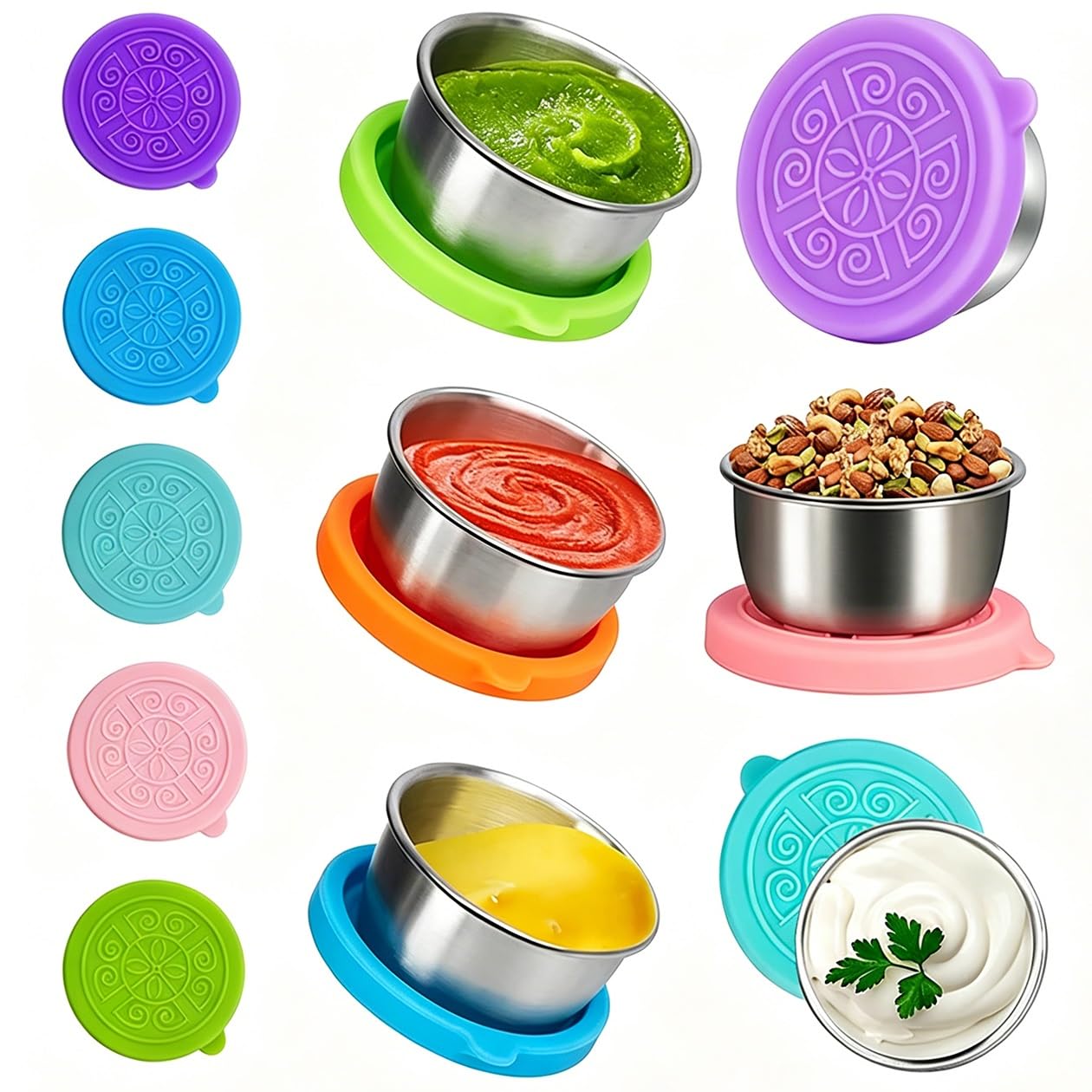 MEKLITRZ 6 Pack Stainless Steel Sauce Pots with Silicone Lids - 1.4 oz (40 ml) Condiment Pot, Leakproof Reusable Salad Dressing Containers for Snacks, Dips, Lunch Boxes, Kitchen Storage