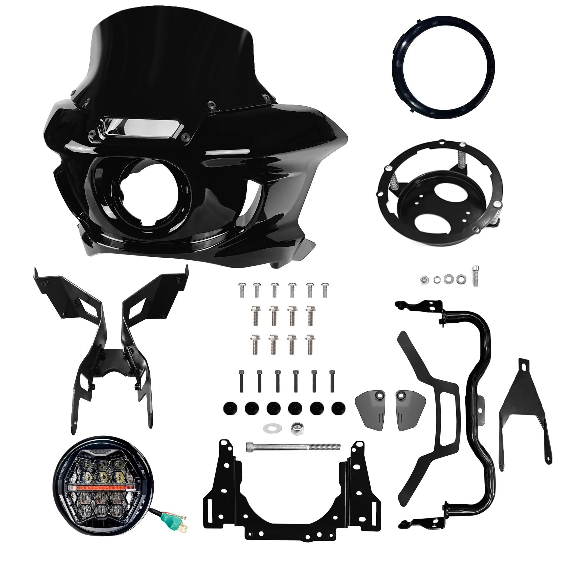 DGHBNP Motorbike Cowls Fit For Harley Dyna FXD FXDC FXDLS FXDB FXCW FXDWG ST Fairing Brackets Fairing 9" Windshield & 5.75" LED Headlight Hump Tail Fairing(9 inch Black)