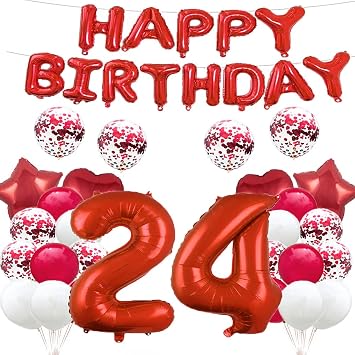 GLZLMM 24th Birthday Balloon Red 24 Balloons Party Supplies | Number 24 Foil Mylar Balloons, Latex Balloon, For Girls, Boys, Women, Men, Happy 24th Birthday Decorations