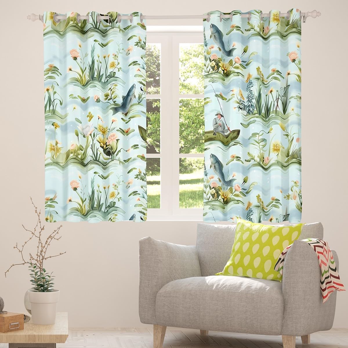 Erosebridal Fishing Curtains & Drapes,Fisherman and Fish Window Curtains for Kids Boys Girls,Big Pike Bass Fish Bedroom Decor,Rustic Lake House Floral Window Treatments 2 Panels,38 x 45 Inch