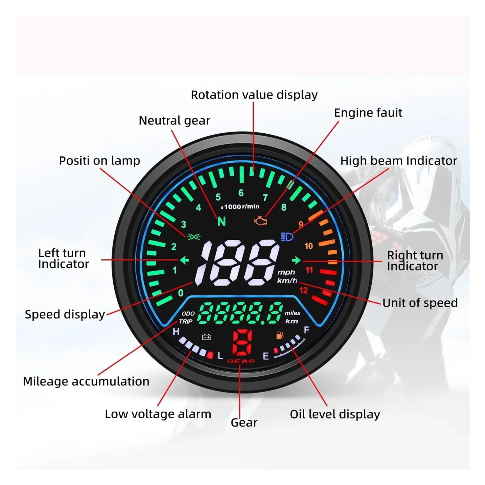 Moto Odómetro tacómetro Velocímetro Digital para Motocicleta De 12 V, Tablero Instrumentos, Odómetro 000 RPM, Tacómetro, Medidor Voltaje, Accesorios para