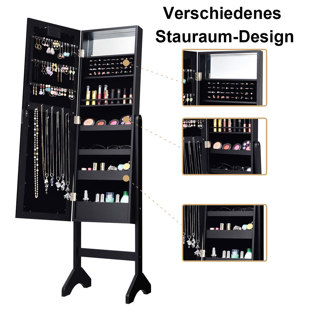 COSTWAY Schmuckschrank, LED Schmuckregal mit Ganzkörperspiegel und kleinem Schminkspiegel, Schmuck Spiegelschrank neigungsverstellbar für Makeup (Schwarz)