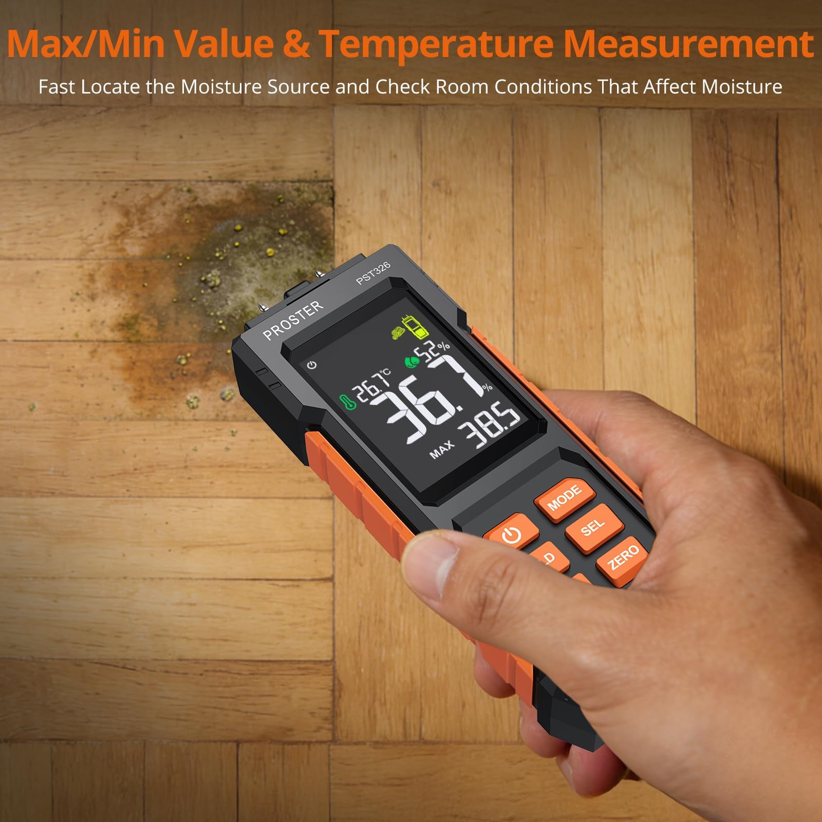 Proster Misuratore di Umidità 2-in-1 con Sonda a Punte e Senza Punte - Rilevatore di Umidità per Muri, Display LCD, Allarme Sonoro e Misurazione della Temperatura per Legno, Cartongesso e Muratura