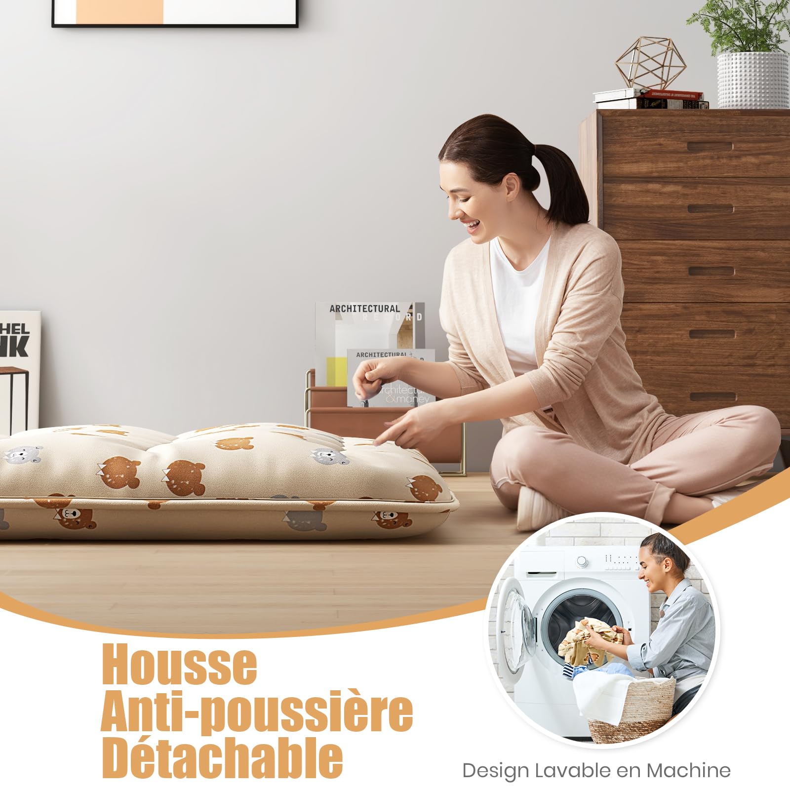 GIANTEX Matelas Futon Japonais Portable 90 x 200 cm, Rembourrage en Coton, Matelas de Sol Pliable pour 1 Personnes, Sac de Transport, Housse Lavable, 2 Bandages, Tatami Pliable pour Voyage, Camping