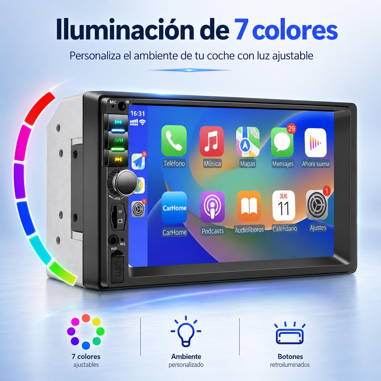 Autoradio Bluetooth 2 DIN con Carplay e Android Auto, 7 pollici con touchscreen 1080P Car Stereo supporta vivavoce/FM/Mirror Link/Wheel Control/porta USB/AUX/EQ/TF/WMA
