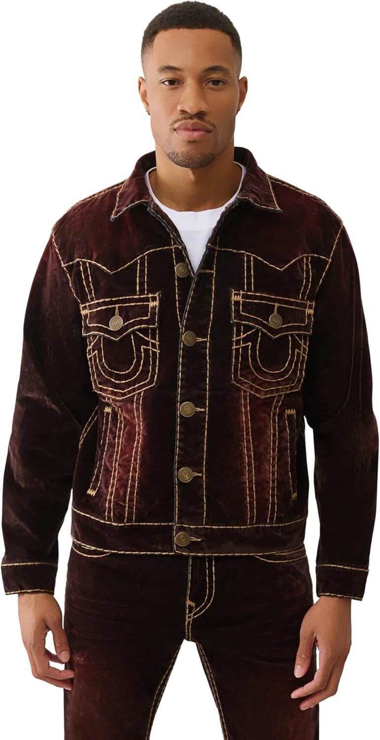 True Religion Men’s Super T Oversized Velvet Jacket - Horseshoe Logo & Bold Stitching