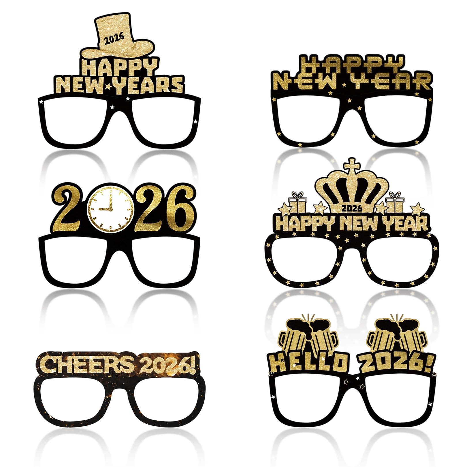 Pryon Black 6 Pcs New Years Eve Decorations 2026 Glasses,Happy Year Decoration Photo Booth Props Supplies Year's Accessories Eyeglasses,Gold Decoratio Eyeglass,Selfie Prop,For Newyear's Day Party Gift Decor