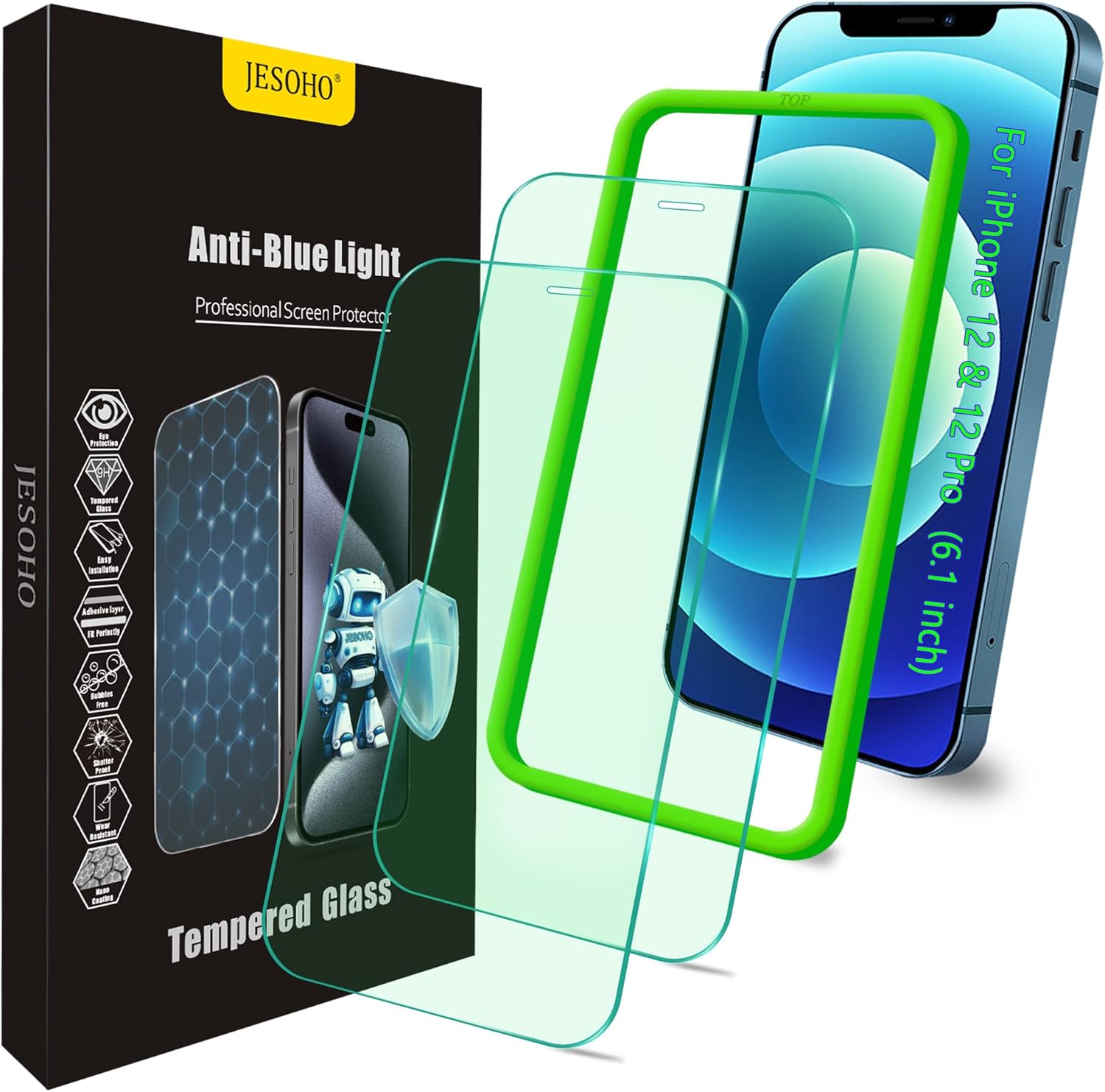 Blue Light Screen Protector for iPhone 12/12 Pro, (6.1″) HD Anti Blue Light Blocking Tempered Glass Film, Eye Protection, Case Friendly, No Bubble,with Easy Installation Kit, 2 Pack Blue Light Screen Protector for iPhone 12/12 Pro, (6.1″) HD Anti Blue Light Blocking Tempered Glass Film, Eye Protection, Case Friendly, No Bubble,with Easy Installation Kit, 2 Pack