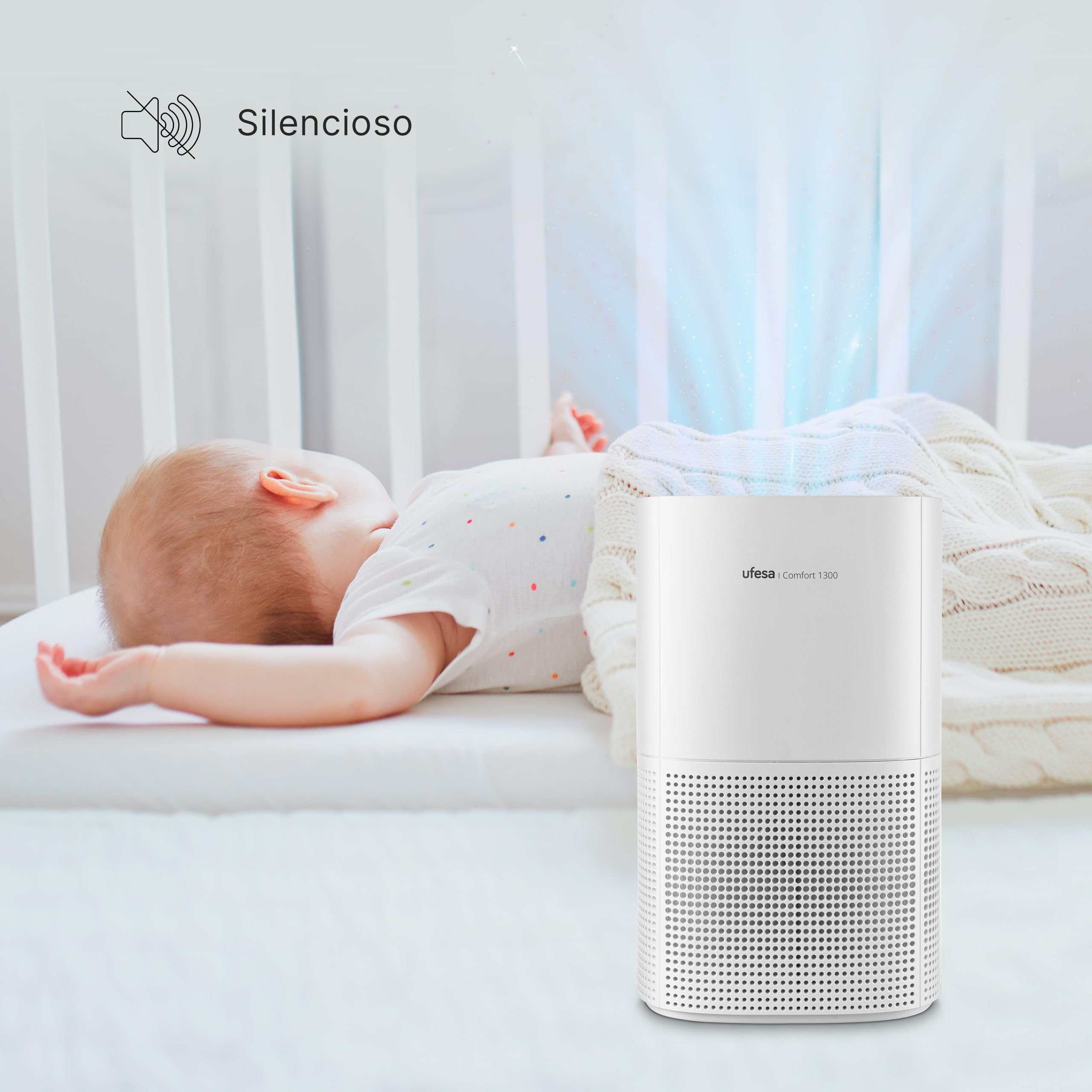 Ufesa Comfort 1300 oczyszczacz powietrza z filtrem HEPA, moc 15 W, szybkość oczyszczania powietrza CADR 130 m³/h, zasięg do 55 m², 3 prędkości, cichy ≤55 dB, biały
