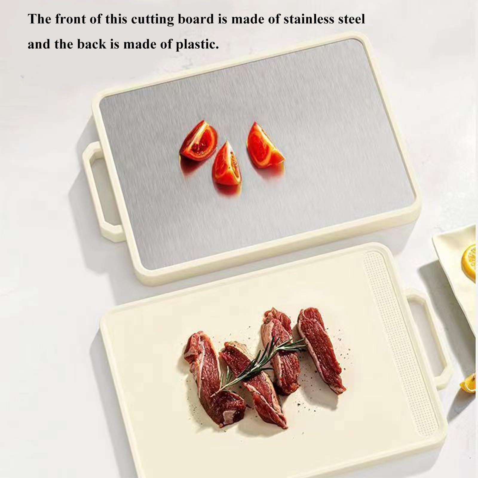 Doppelseitiges Schneidebrett mit beigefarbenem Rand, Schneidebrett aus Edelstahl und Kunststoff-Schneidebrett für Obst, Fleisch, Saftrillen-Design, Schneidebrett, spülmaschinenfest (41,9 x 29