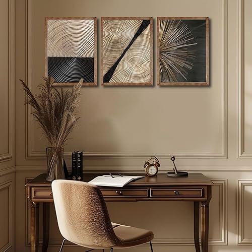 Miniatura 2 de 3 piezas de lienzo abstracto de grano de madera retro, arte de pared minimalista con textura de línea dorada negra, cuadros geométricos neutros,