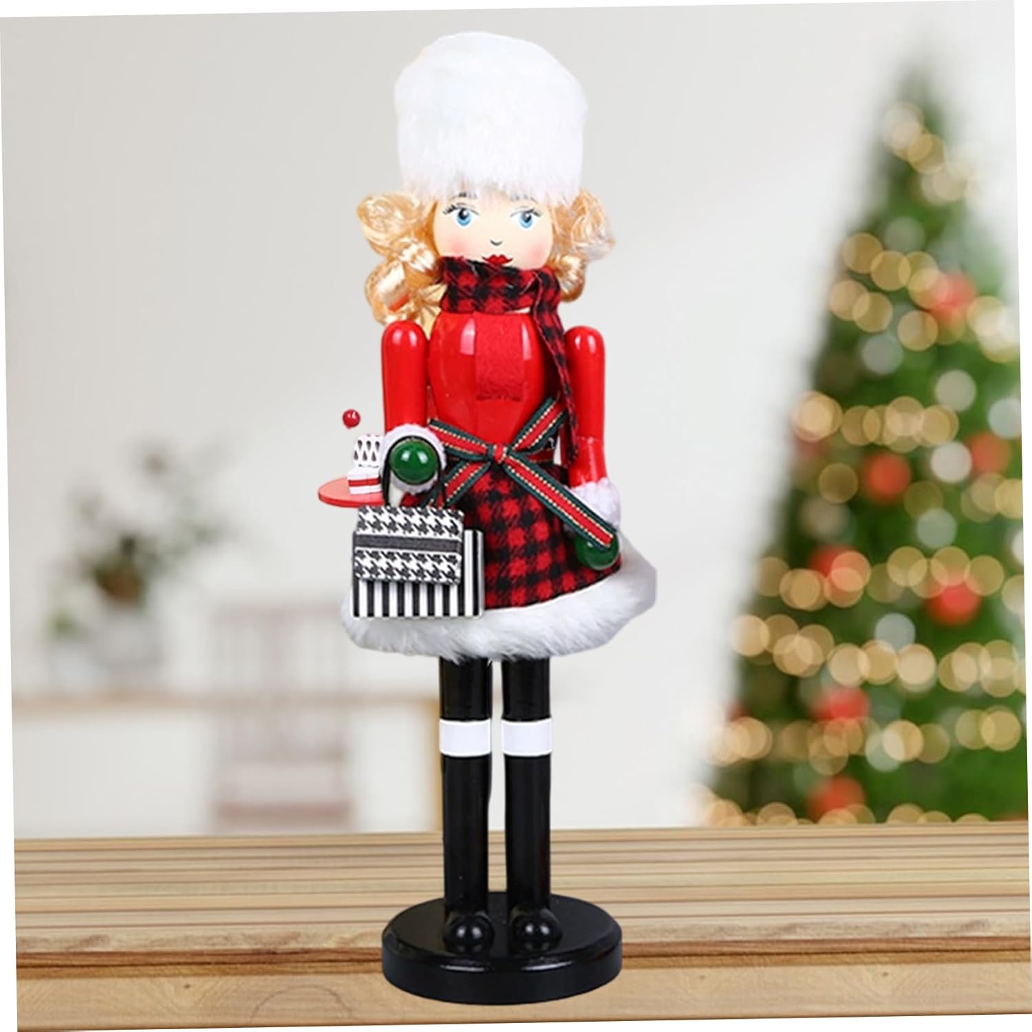 Nutcracker Christmas Decor 16 inch Well-Dressed Wooden Shopping Lady Christmas Nutcrackers Figures with Handbag for Shelves and Tables