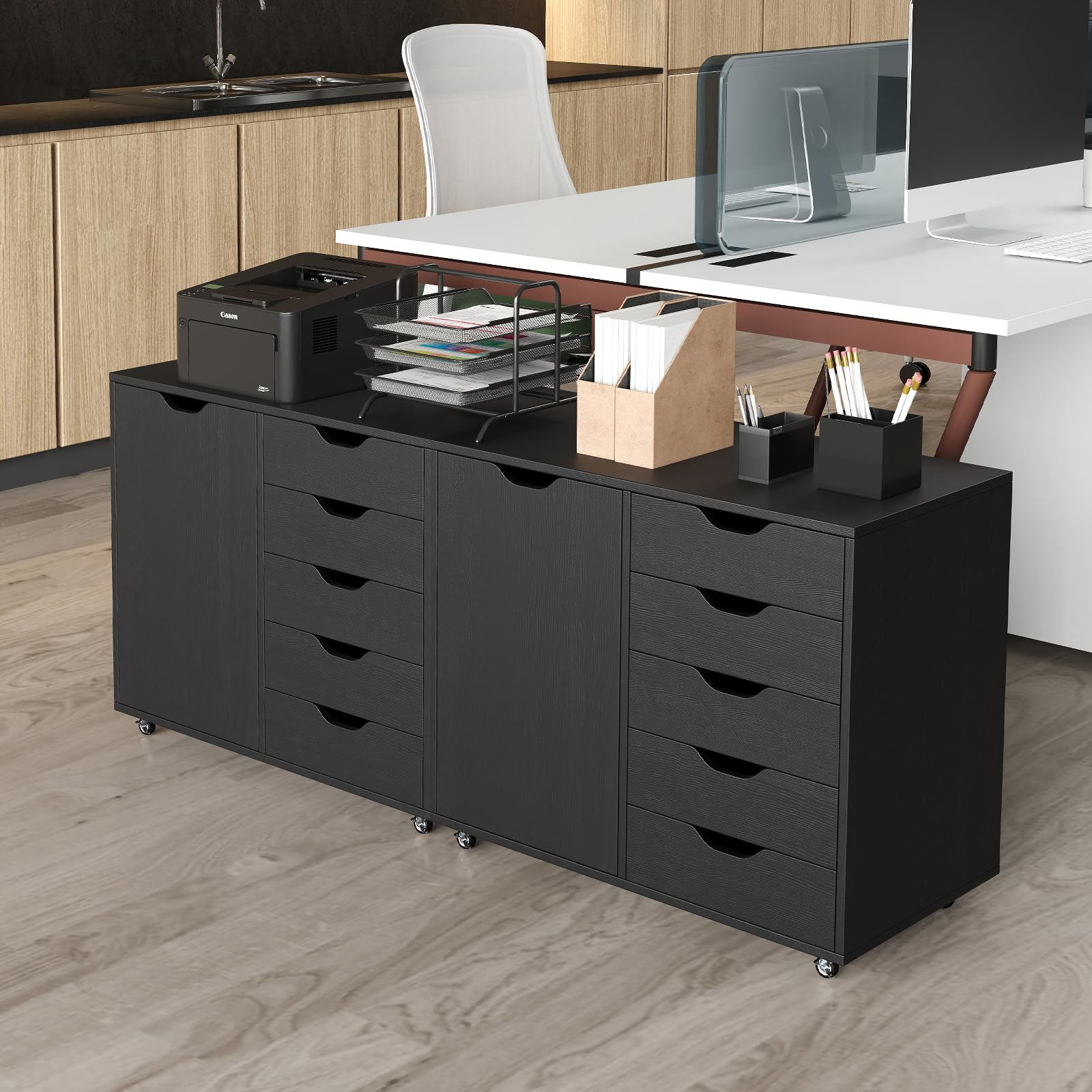 RELAX4LIFE Cassettiera Ufficio con 5 Cassetti e Armadietto, Guide Metalliche, Schedario Portadocumenti con Anta e Ruote, Mobile Porta Stampante per Ufficio, Casa, 78x40x65 cm (Nero)