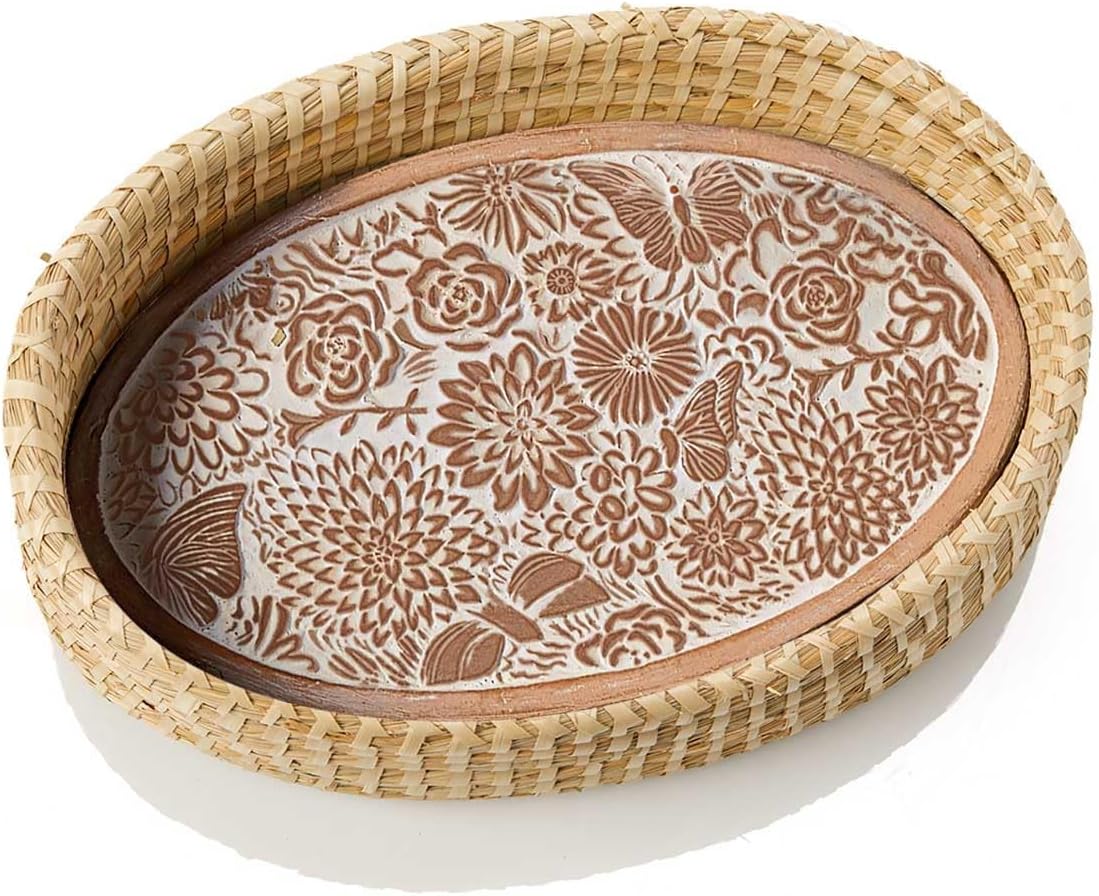 Bread Basket with Terracotta Warmer and Lid, Bread Basket for Serving, Sized 13" w x 9" l x 9" h, Butterfly Garden Design