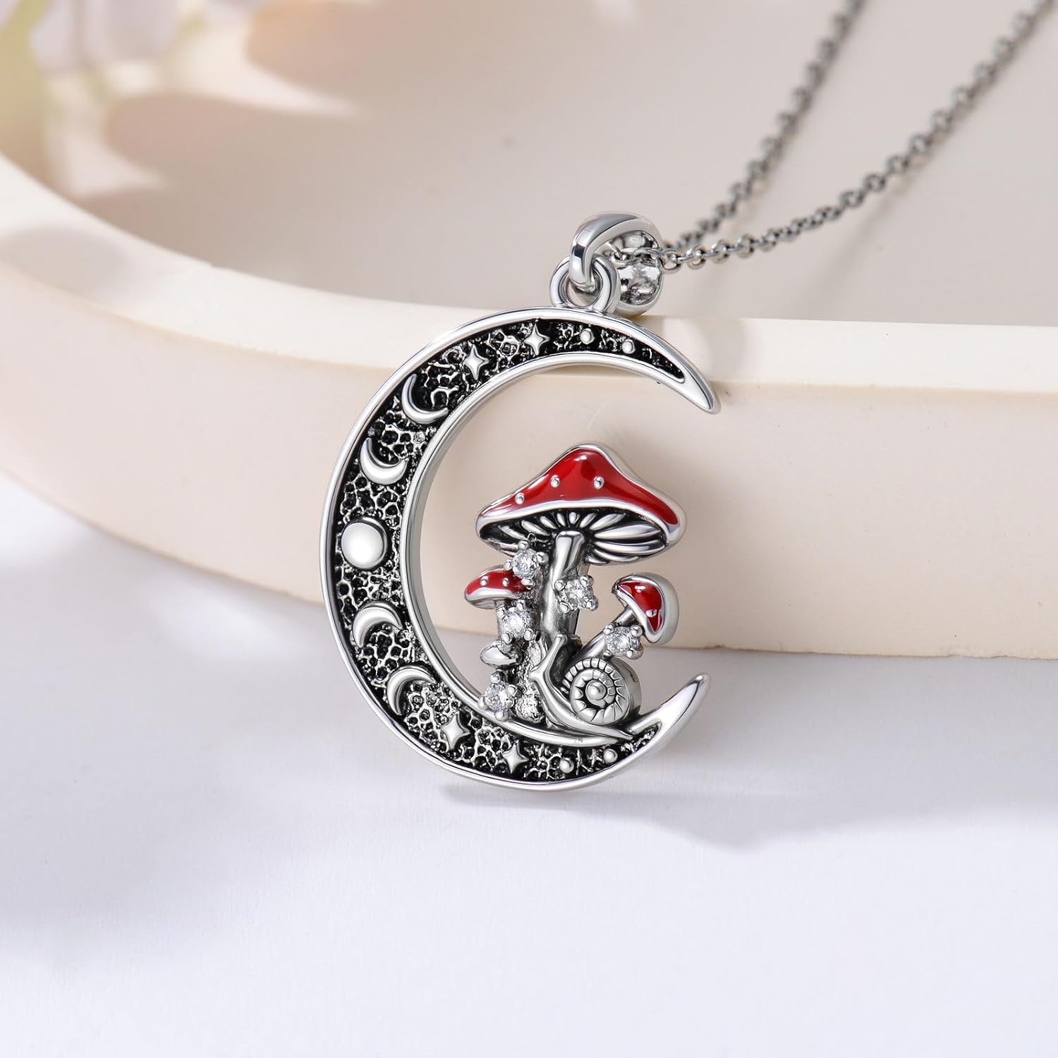 Diamond Moon Mushroom Necklace for Women 925 Sterling Silver Red Mushroom Pendant Jewelry Gifts - Image 4